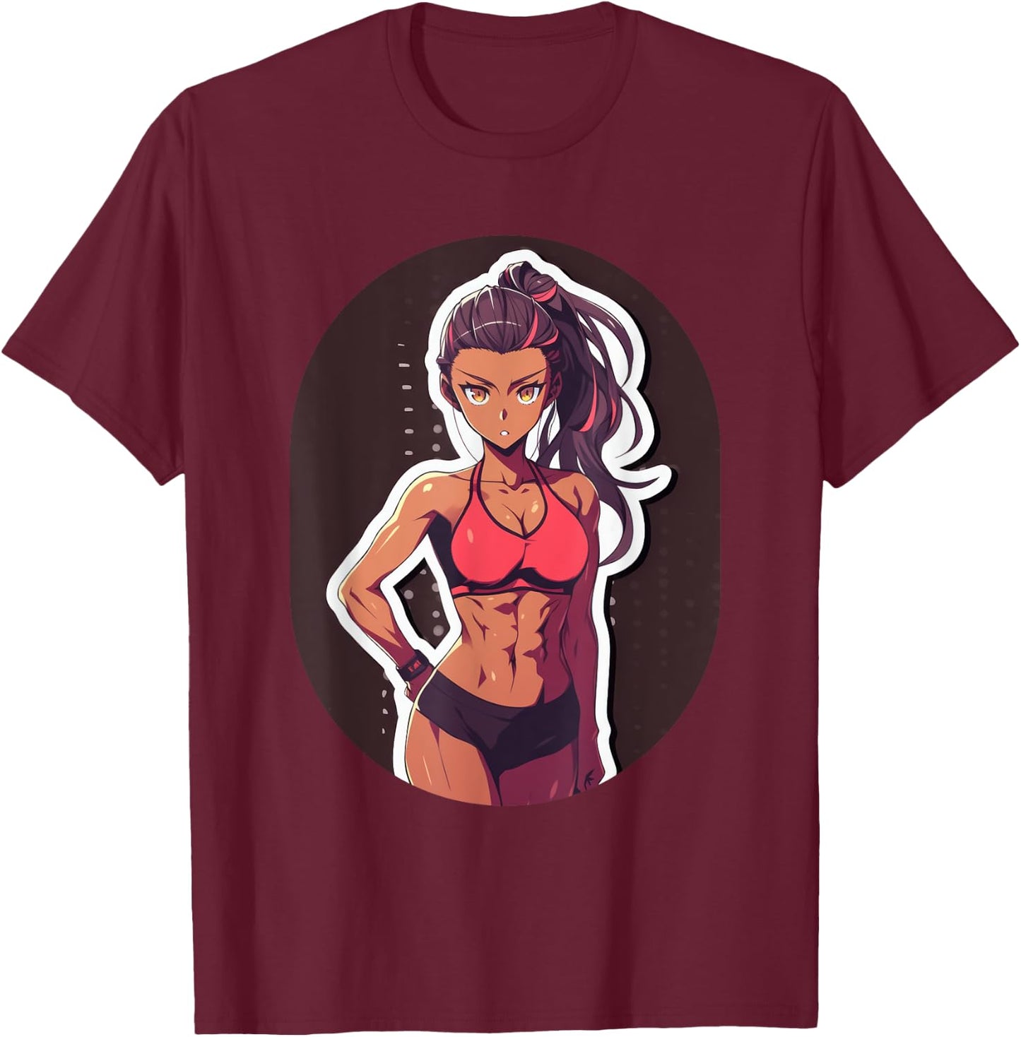 Dark Skin Anime & Manga Style Gym Girl Posing in Gym Clothes T-Shirt - T-Shirt | Maroon