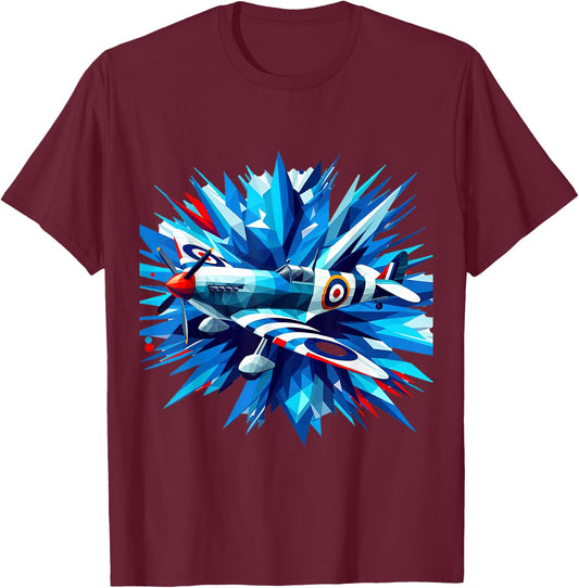 Spitfire WW2 Airplane Rainbow Ice Splash Blue Rays T-Shirt - T-Shirt | Maroon