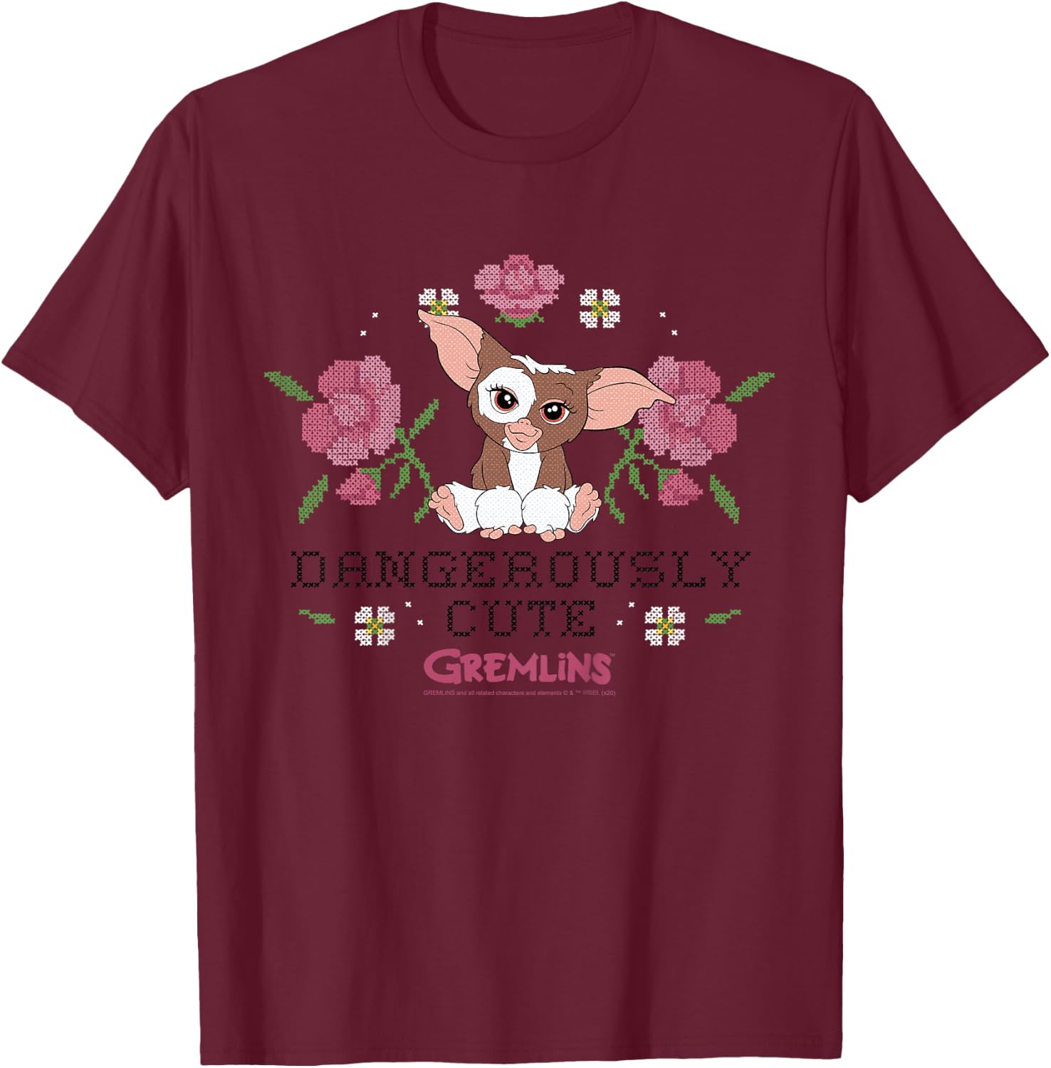 Kids Gremlins Gizmo Dangerously Cute Faux Stitched T-Shirt - T-Shirt | Maroon