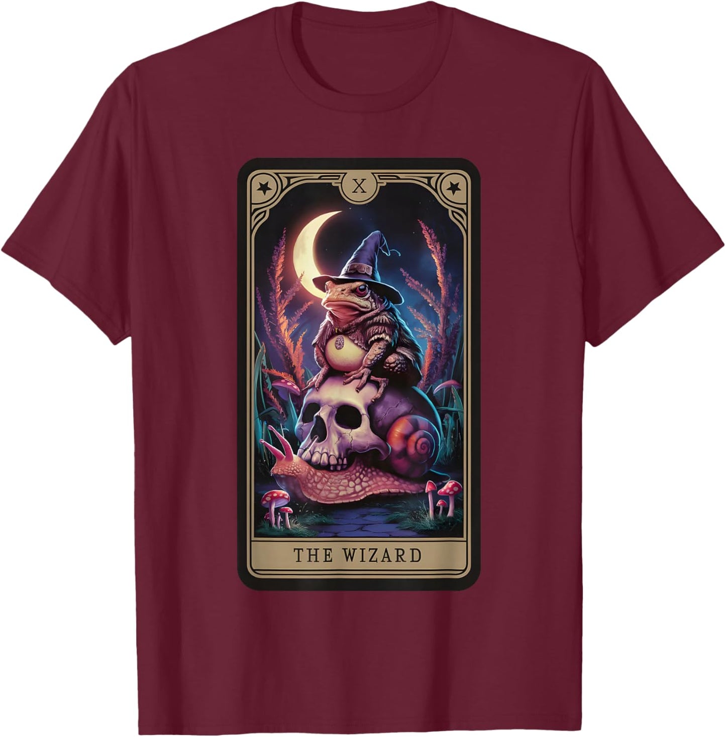 The Wizard Tarot Witchy Frog Riding Skull Snail Goblincore T-Shirt - T-Shirt | Maroon