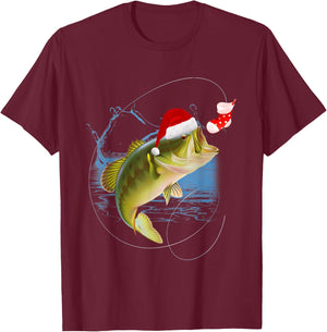 Funny Bass Fishing Santa Hat Christmas Pajama Fishermen Fish T-Shirt - T-Shirt | Maroon