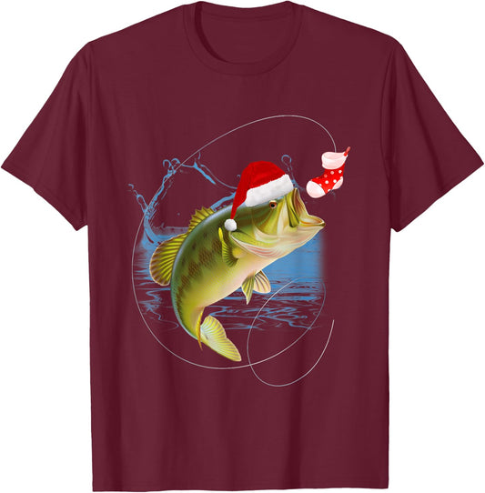 Funny Bass Fishing Santa Hat Christmas Pajama Fishermen Fish T-Shirt - T-Shirt | Maroon