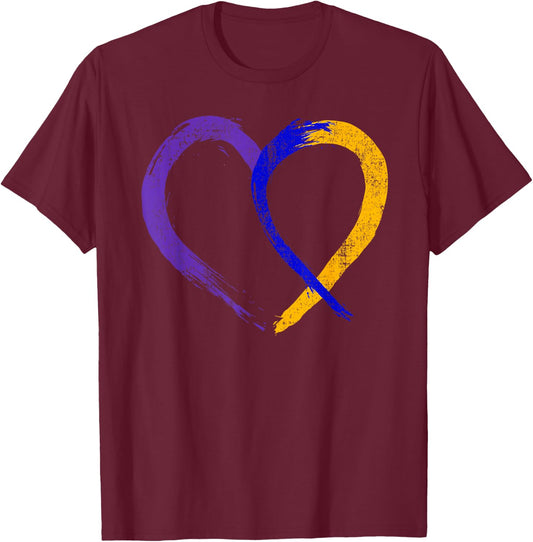 Ribbon Heart Bladder Cancer Purple Blue and Yellow Dysuria T-Shirt - T-Shirt | Maroon