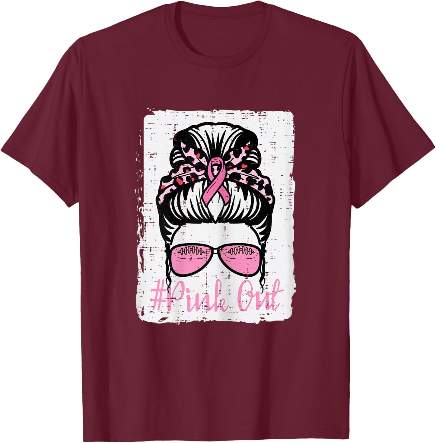 Breast Cancer Messy Bun Pink Out Football Awareness Women T-Shirt - T-Shirt | Maroon