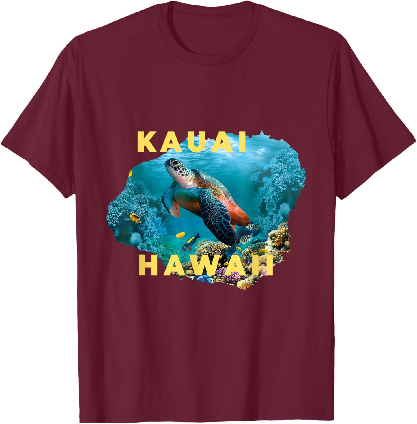 Sea Turtle Inside Kauai Island Map Hawaii Scuba Diving Surf T-Shirt - T-Shirt | Maroon