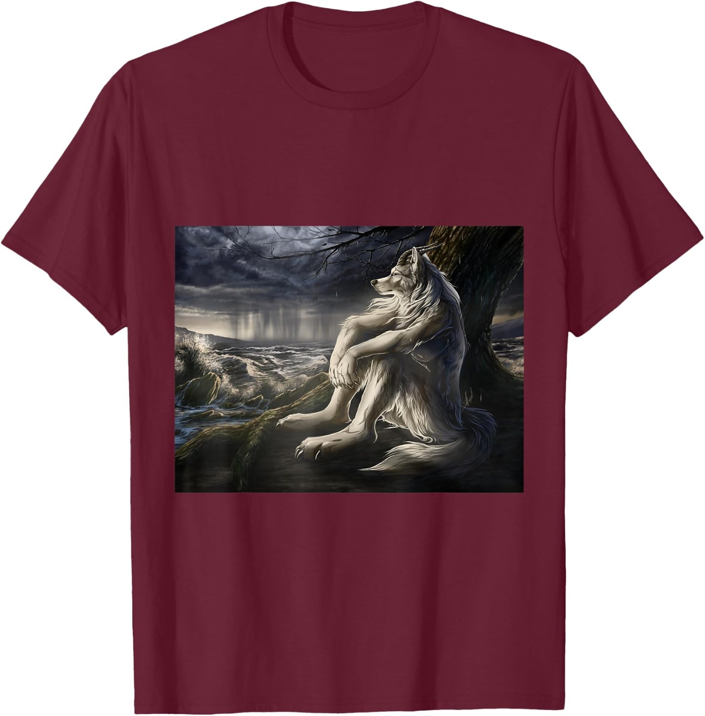 Wolf sitting under tree meme T-Shirt - T-Shirt | Maroon