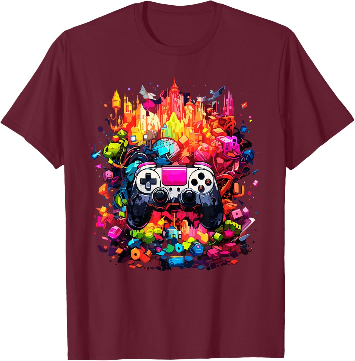 Colorful Video Game Controller Tie Dye Cool Gamer Gaming T-Shirt - T-Shirt | Maroon