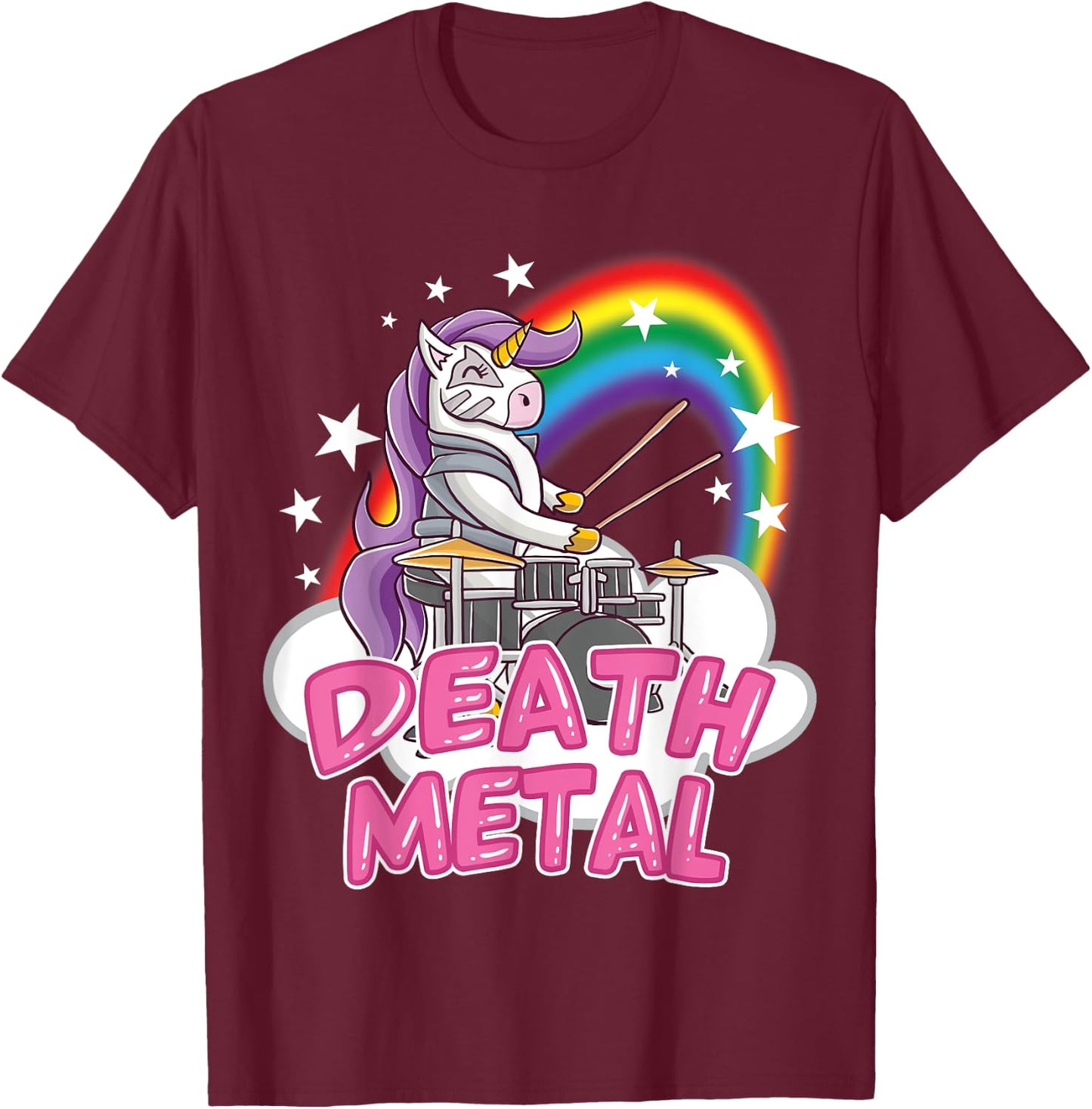 Death Metal Pink Unicorn Rock Music Band Drums Drummer T-Shirt - T-Shirt | Maroon