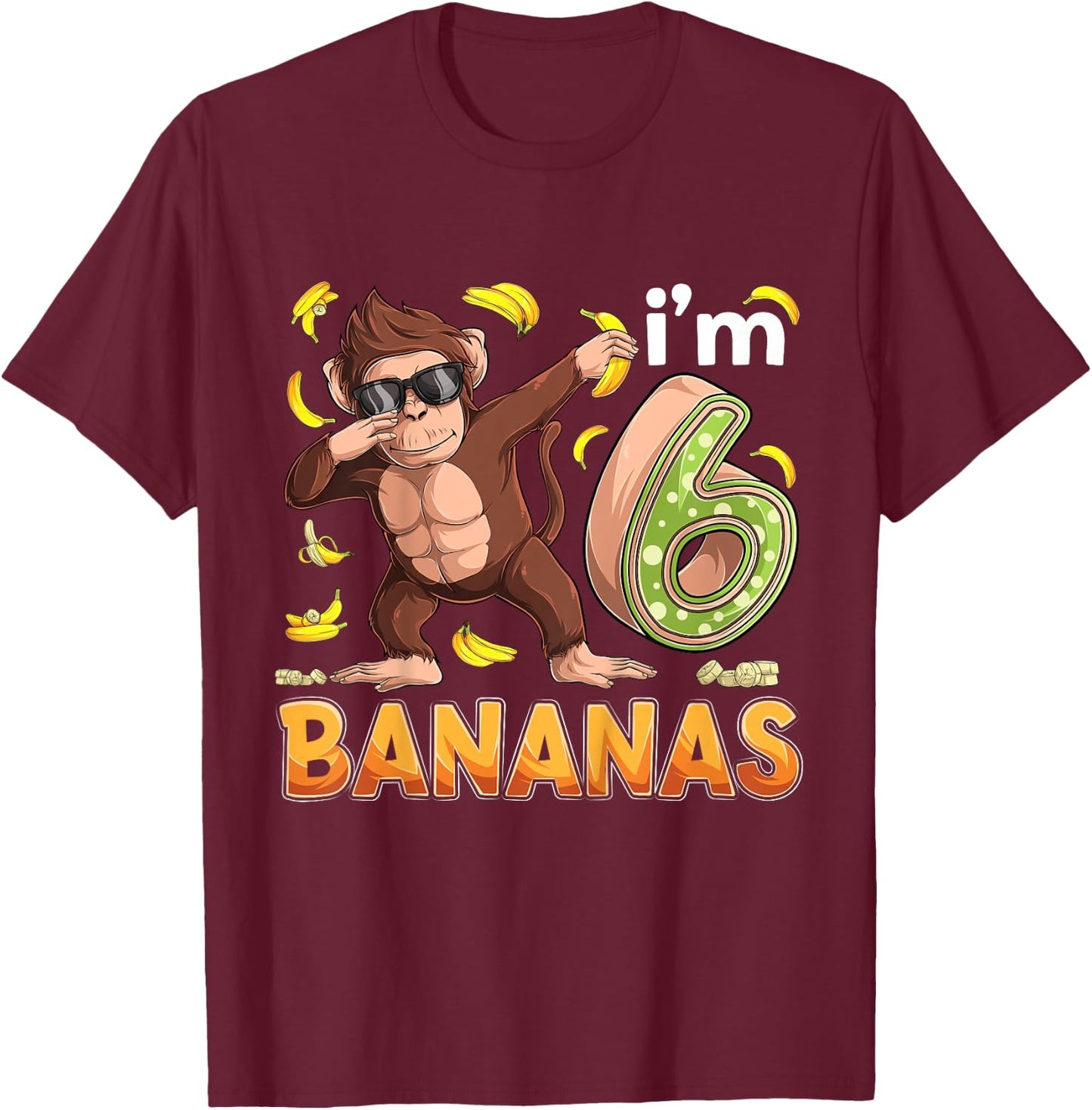 6 Year Old Monkey Birthday Safari Jungle Animal 6th B-day T-Shirt - T-Shirt | Maroon
