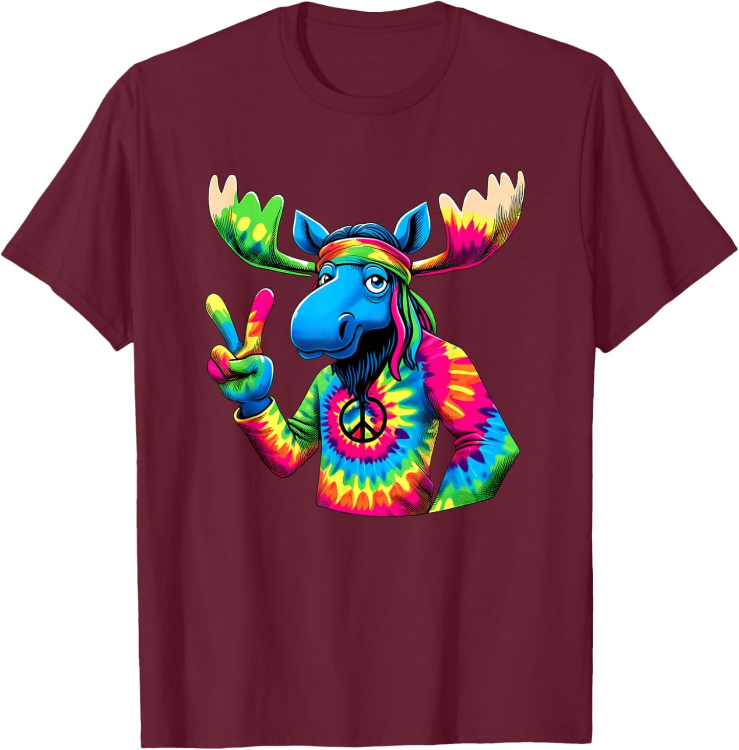 Peace Sign Tie Dye Moose T-Shirt - T-Shirt | Maroon