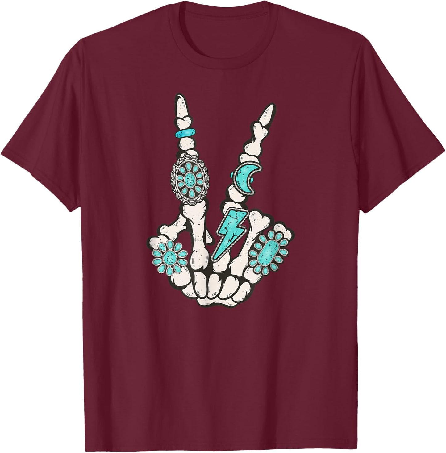 Skeleton Turquoise Hand Western Vibes Rodeo Cowboy Cowgirl T-Shirt - T-Shirt | Maroon