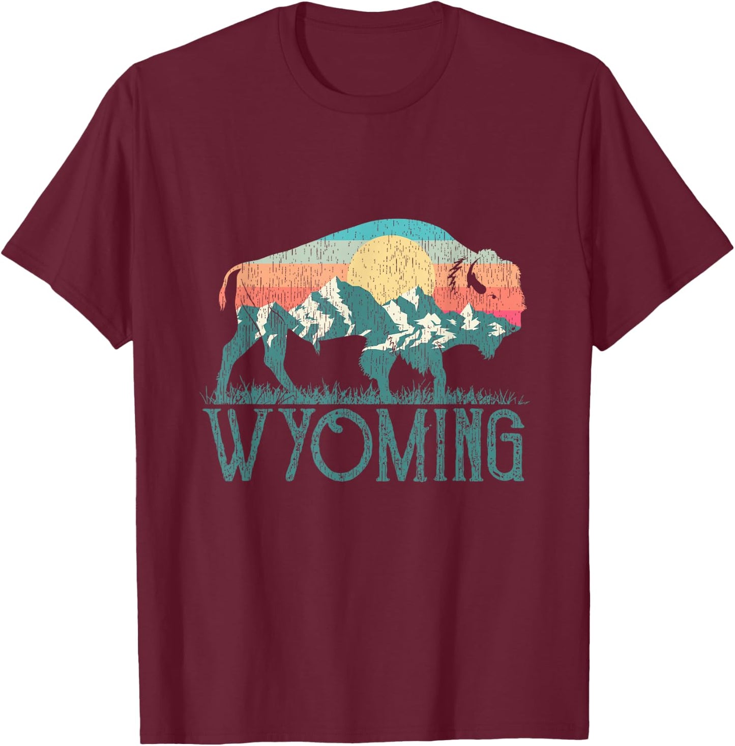 Bison Buffalo Retro Wyoming WY Mountains Retro T-Shirt - T-Shirt | Maroon