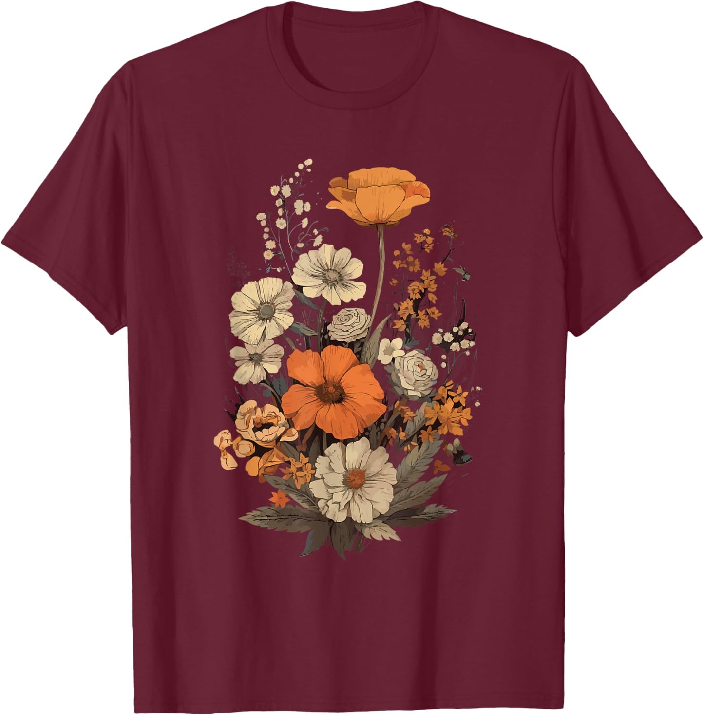 Vintage Flowers Floral Pressed Flower T-Shirt - T-Shirt | Maroon