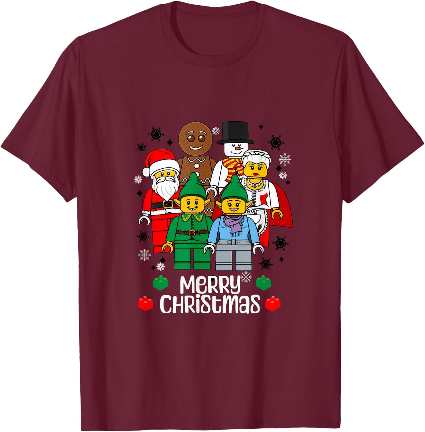 Merry Christmas Building Bricks Santa Elf Snowman Figures T-Shirt - T-Shirt | Maroon