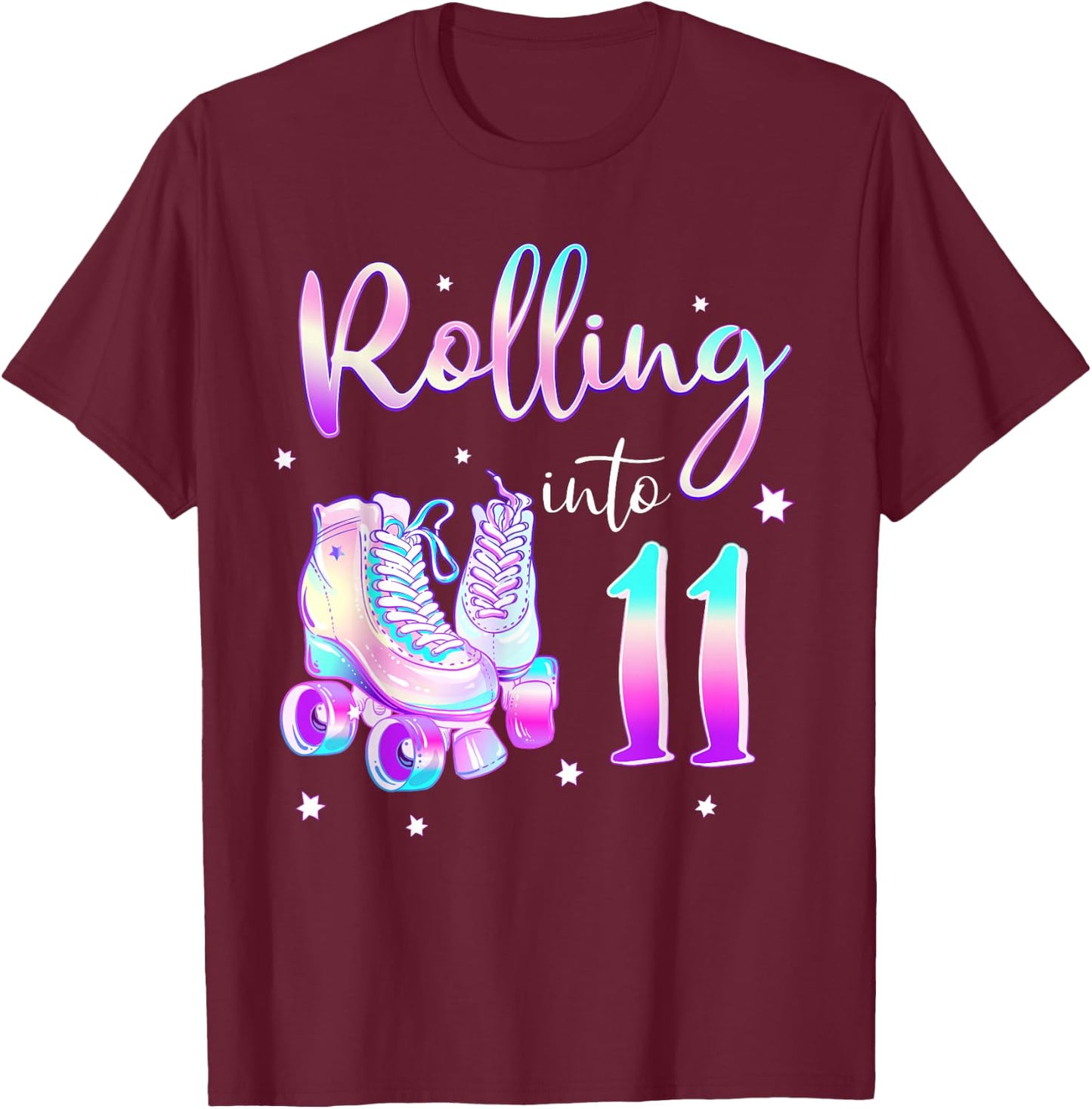 Kids 11 Years Old Birthday Girl Rolling Into 11th Bday Theme T-Shirt - T-Shirt | Maroon
