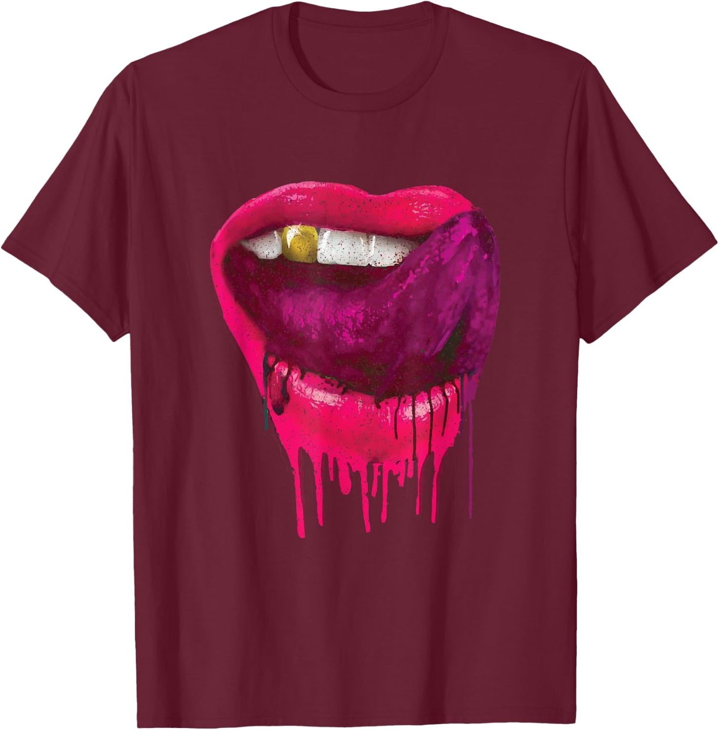 Hot Pink Lips Mouth Tongue Out - Cool Vintage Retro T-Shirt - T-Shirt | Maroon