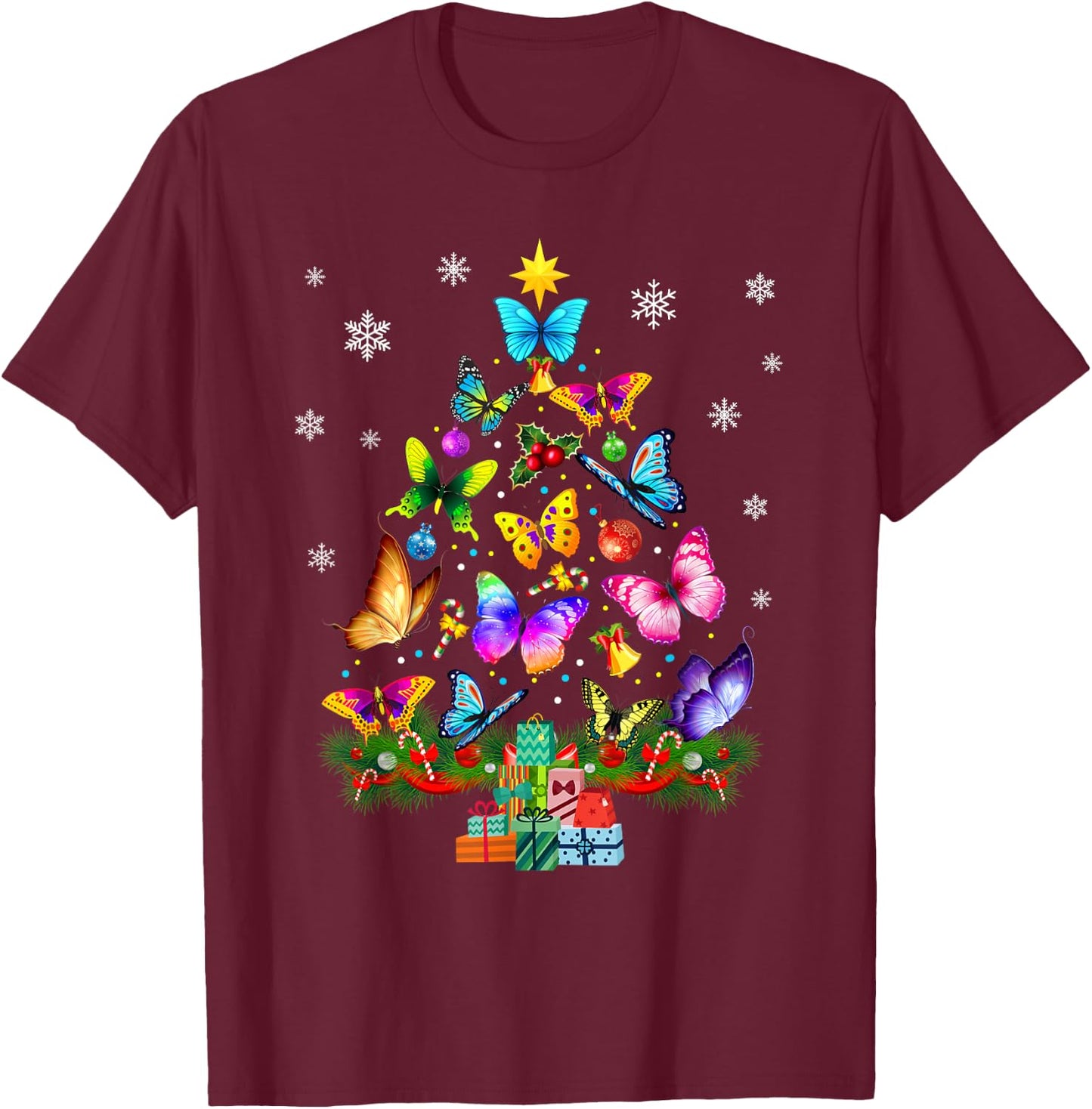 Butterfly Christmas Tree Lights Girl Women Cute Butterfly T-Shirt - T-Shirt | Maroon