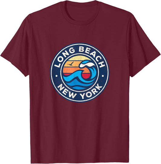 Long Beach New York NY Vintage Nautical Waves Design T-Shirt - T-Shirt | Maroon