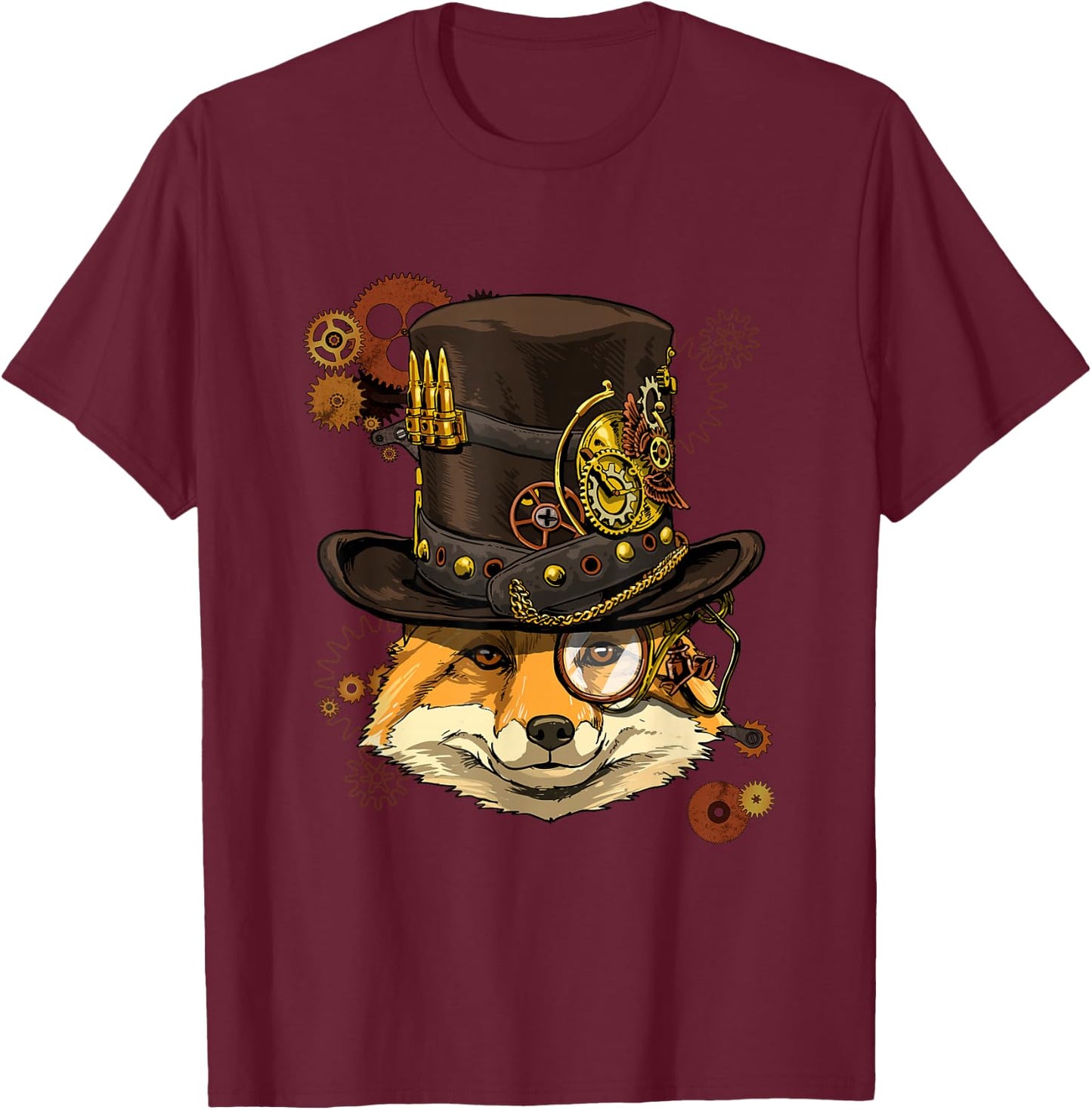 Fox Shirt Steampunk Gears Fox Animal Face Medieval Fox Lover T-Shirt - T-Shirt | Maroon