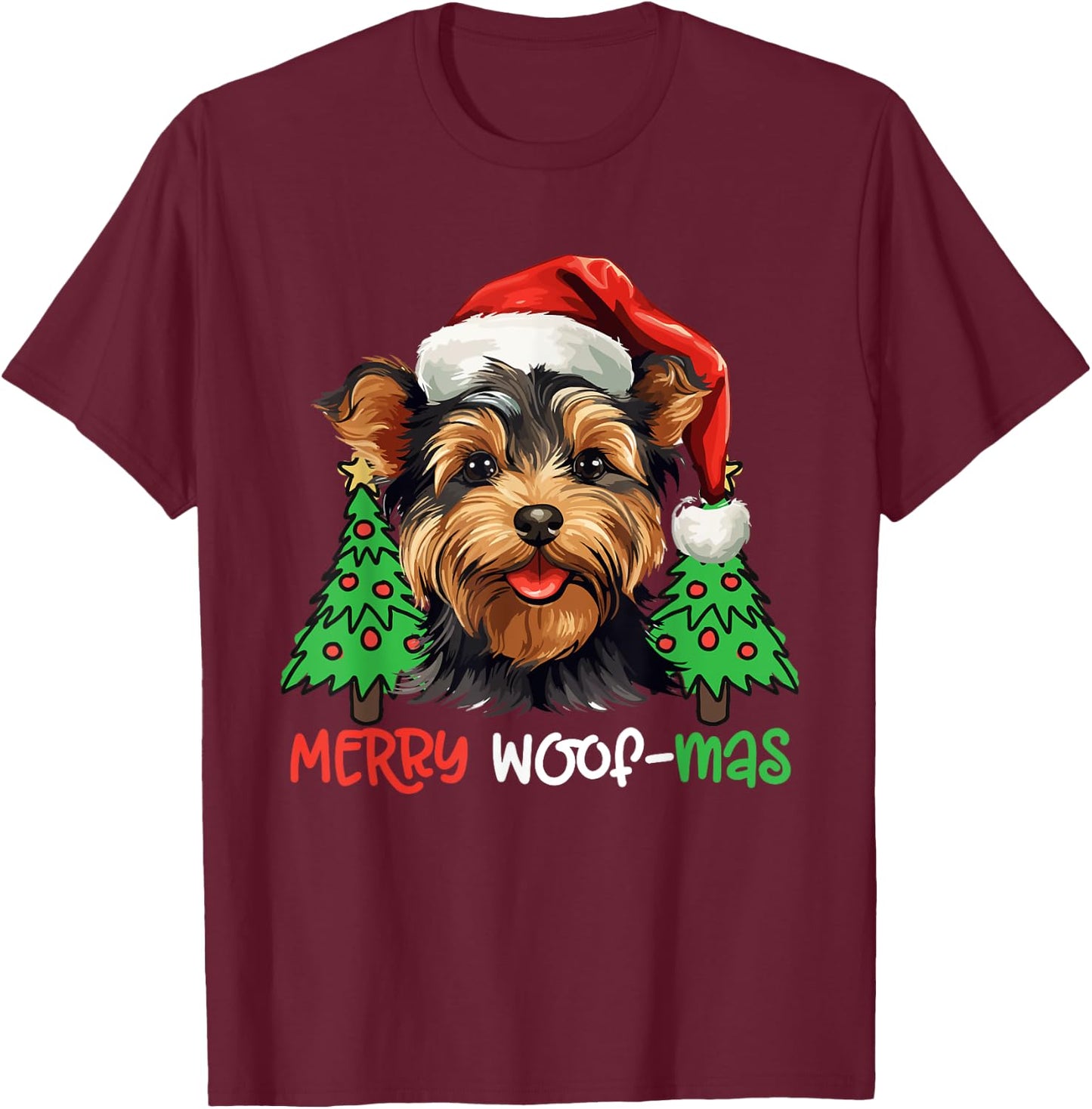 Yorkshire Terrier Yorkie Merry Woof-mas Christmas X-mas T-Shirt - T-Shirt | Maroon