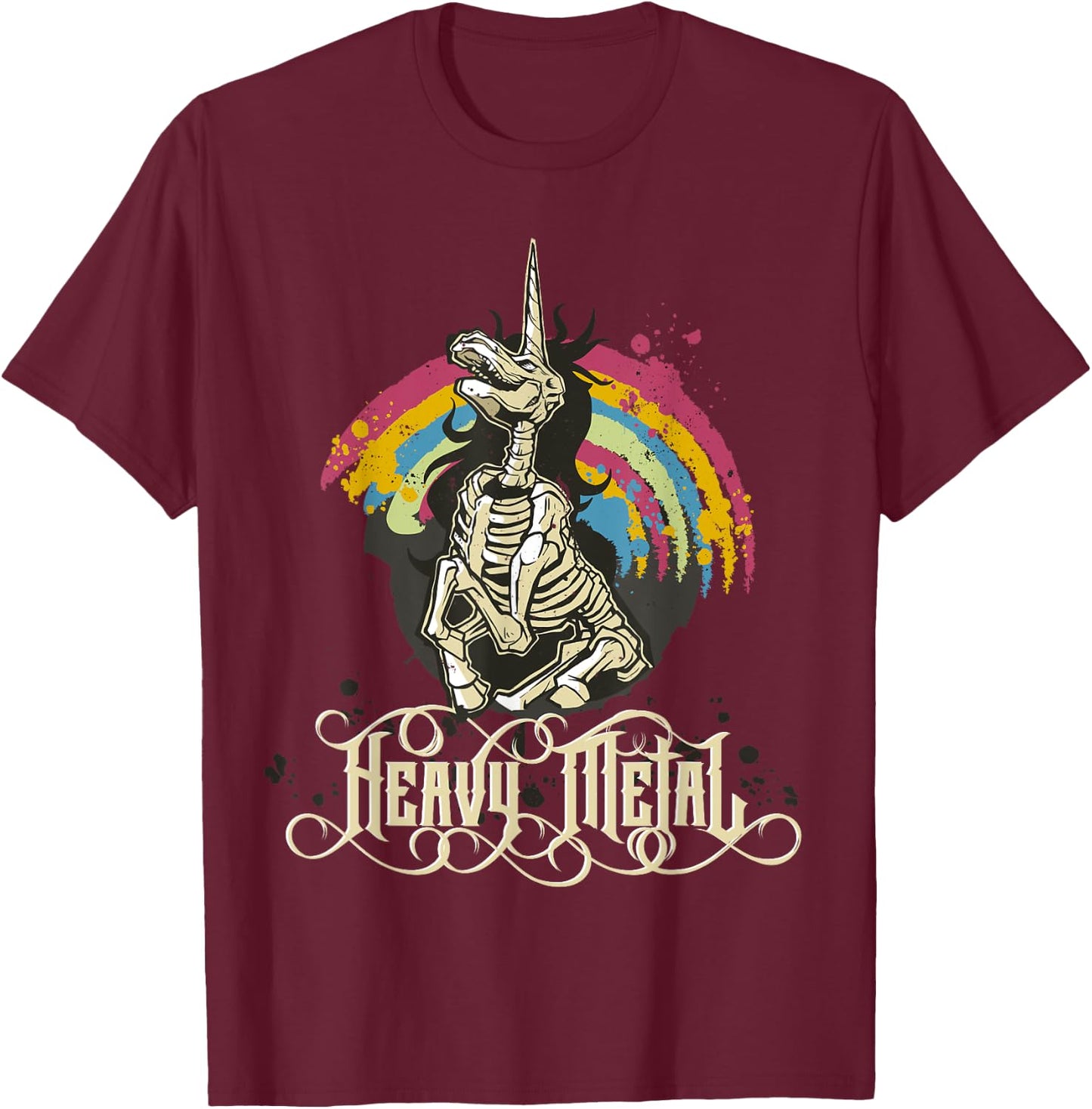 Heavy Metal Funny Skull Unicorn T-Shirt - T-Shirt | Maroon