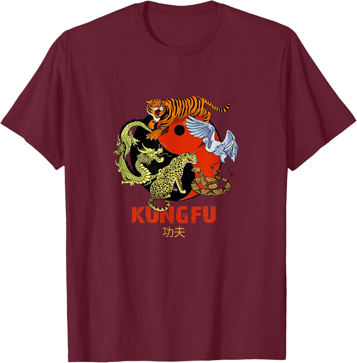 Kung Fu - Five Animals Forms, Chinese Martial Arts T-Shirt - T-Shirt | Maroon