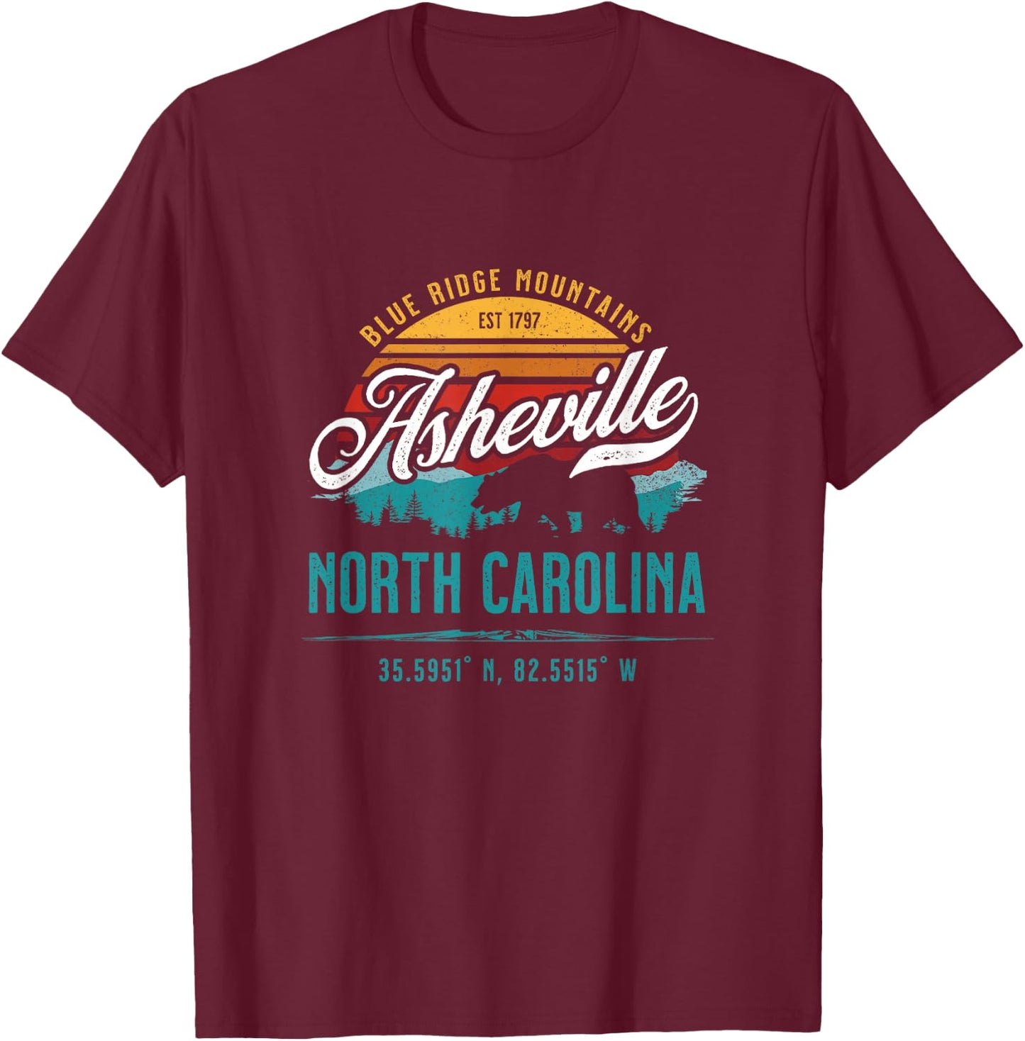 Asheville North Carolina Retro Sunset Blue Ridge Mountains T-Shirt - T-Shirt | Maroon