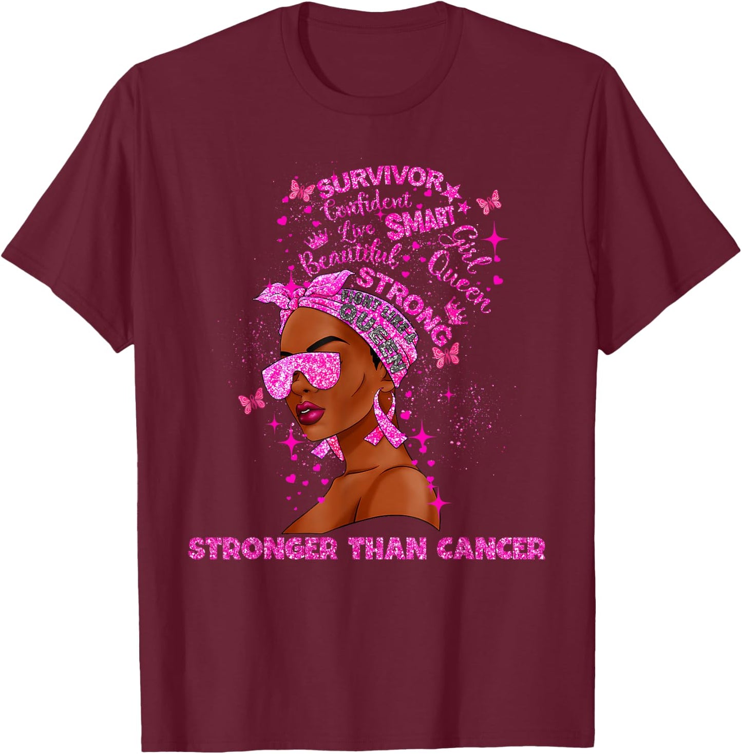 Black Women Queen Stronger Than Breast Cancer Pink Ribbon T-Shirt - T-Shirt | Maroon