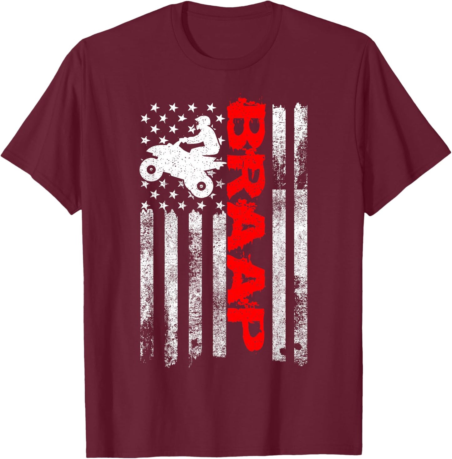 Cool Four Wheeler & ATV Gift Ideas Vintage USA American Flag Quad Bike ATV Gift - Black, , Small, Short Sleeve, , Letter Print, Motorcycle Theme T-Shirt - T-Shirt | Maroon