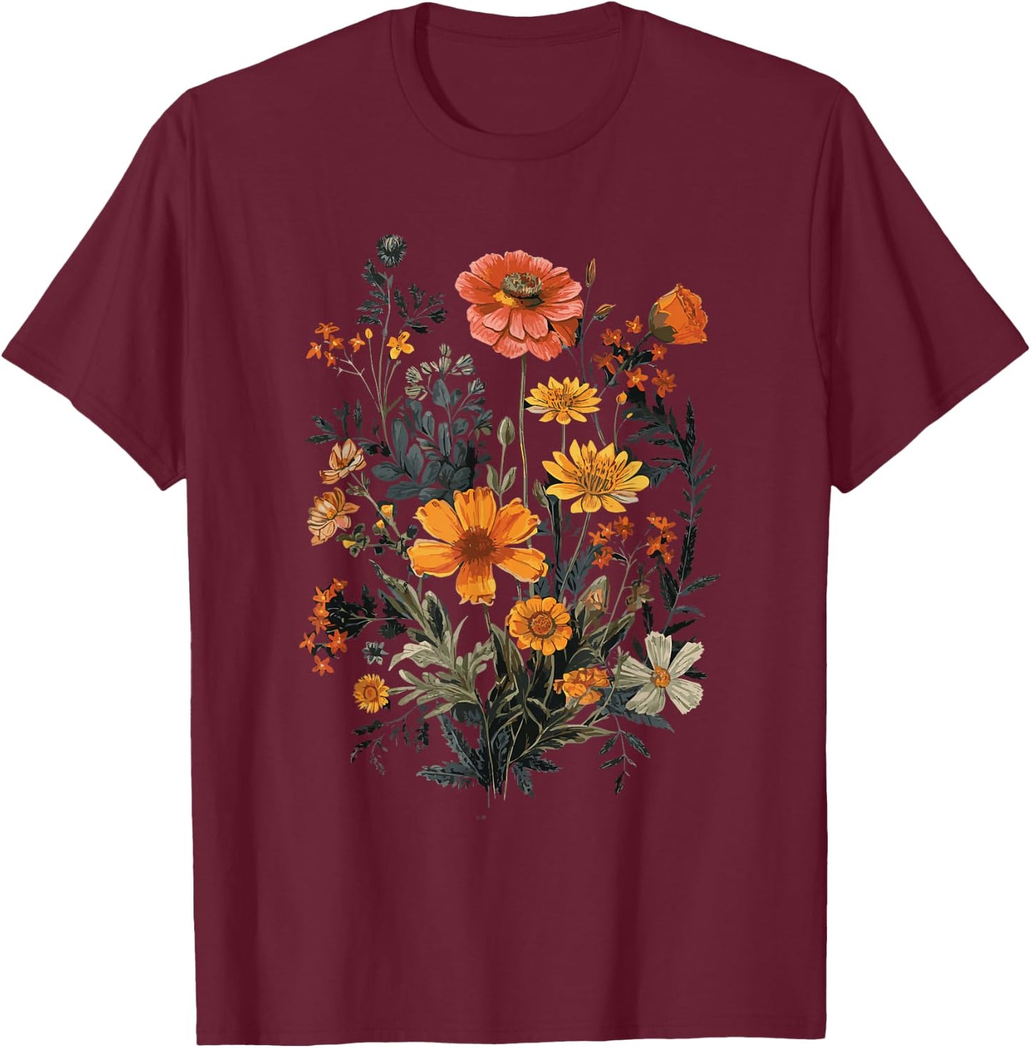 Vintage Flowers Floral Pressed Flower T-Shirt - T-Shirt | Maroon