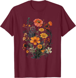 Vintage Flowers Floral Pressed Flower T-Shirt - T-Shirt | Maroon