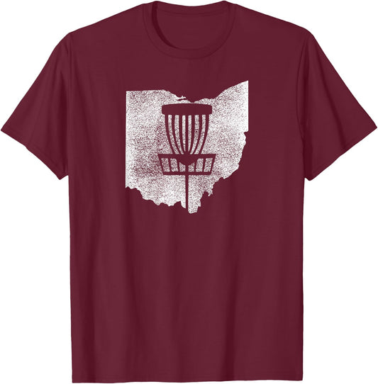 Ohio Disc Golf State with Basket Distressed Graphic T-Shirt - T-Shirt | Maroon