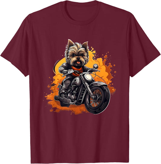 Biker Yorkie Dog Riding Motorcycle T-Shirt - T-Shirt | Maroon