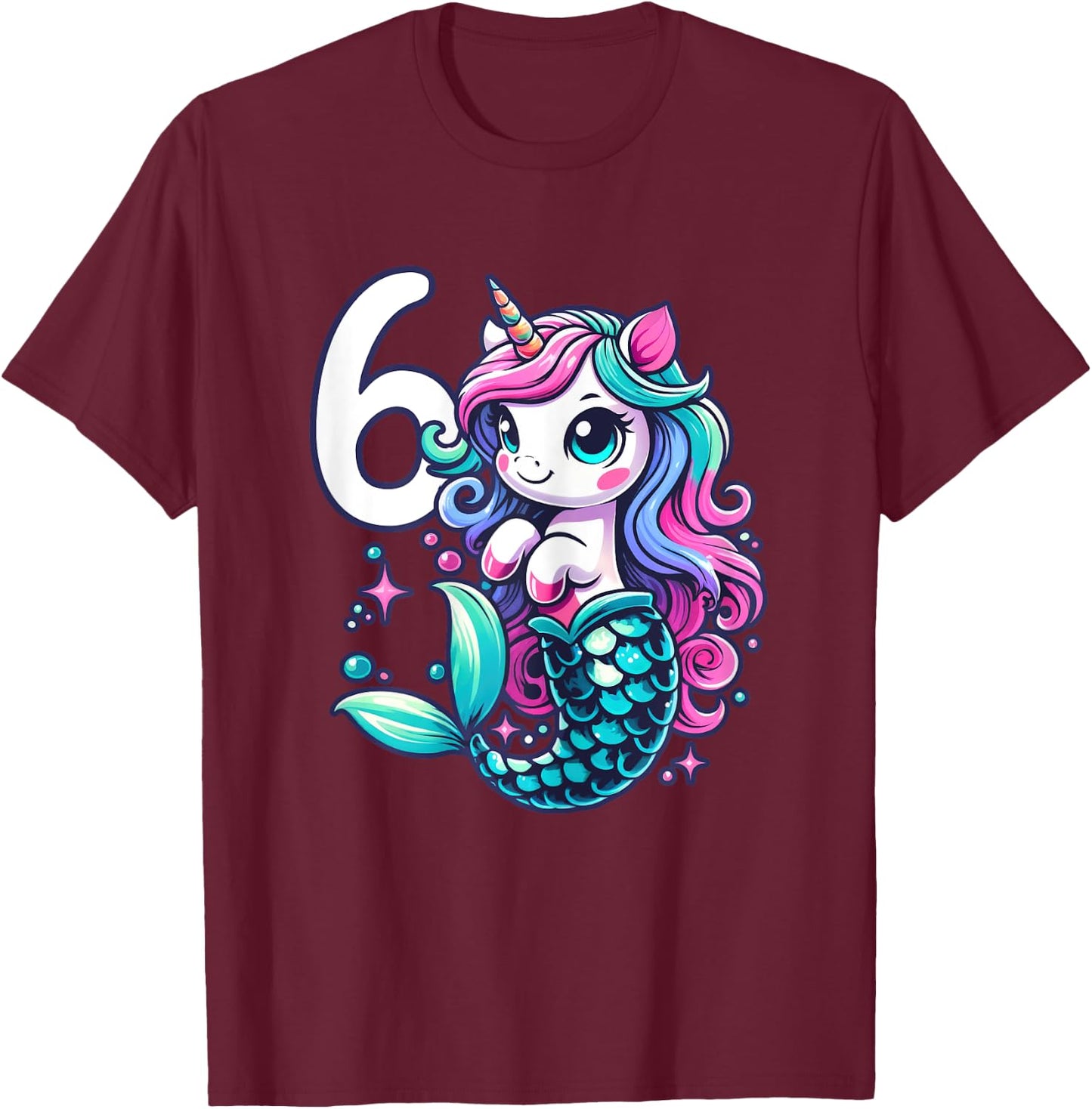 Unicorn Mermaid 6th Birthday 6 Year Old Party Girls Outfit T-Shirt - T-Shirt | Maroon