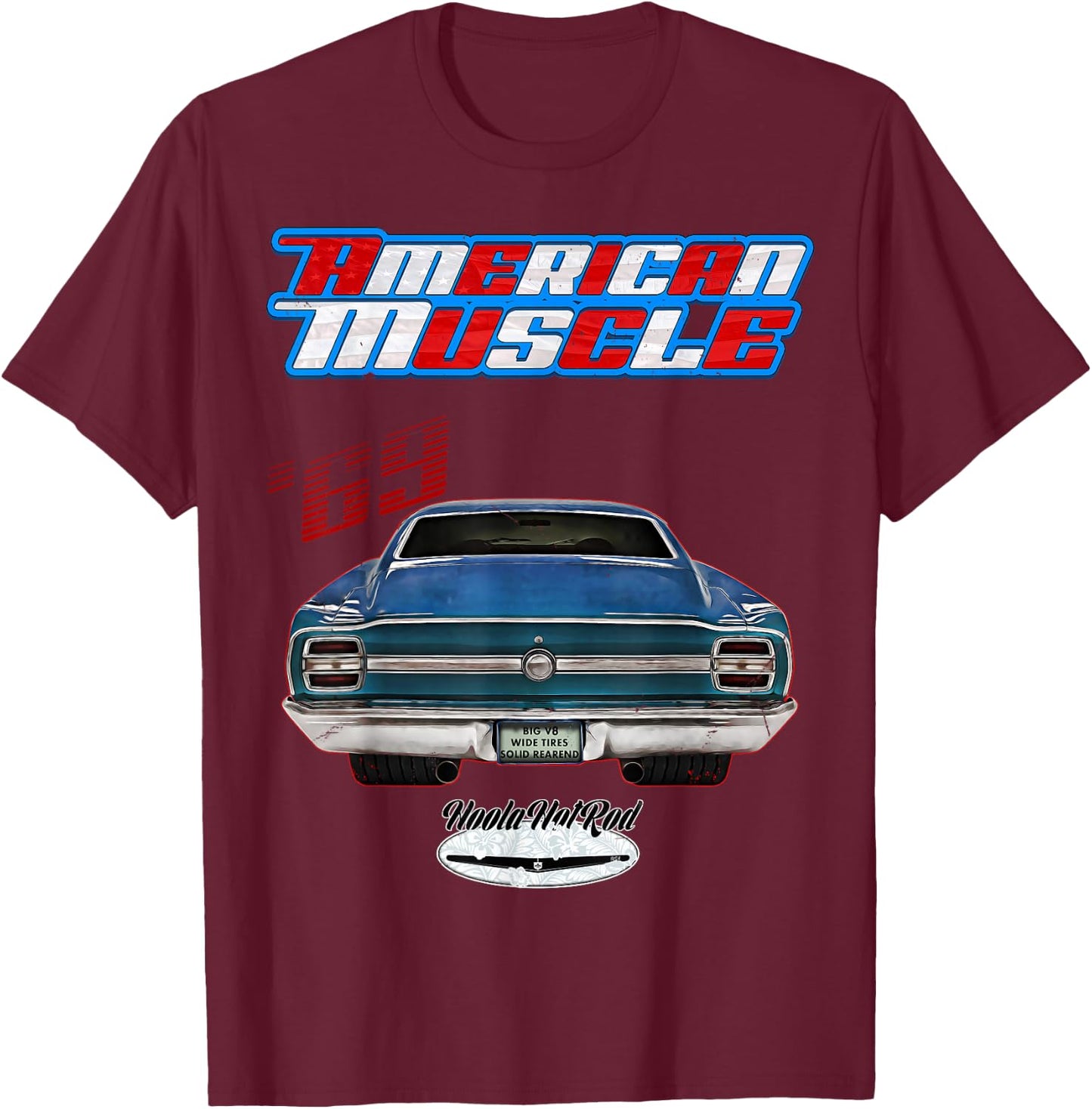 Hoola Hotrod 1969 Torino Hot Rod Muscle Car Pony Car Adult Black Cotton Polyester Small Classic Fit Pull On Short Sleeve T-Shirt - T-Shirt | Maroon