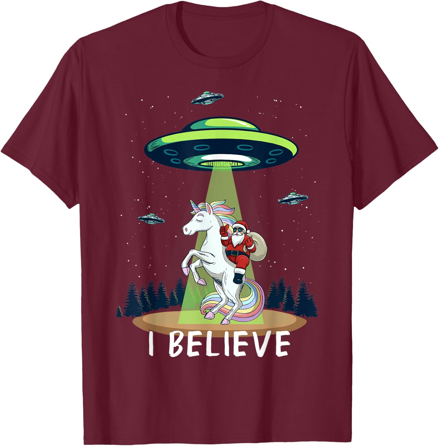 Santa Claus Riding Unicorn Alien space UFO Christmas Design T-Shirt - T-Shirt | Maroon