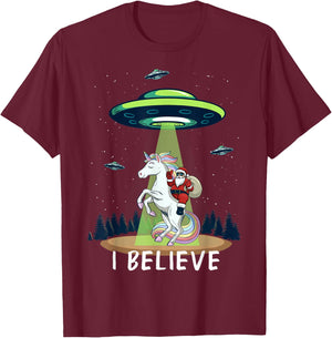 Santa Claus Riding Unicorn Alien space UFO Christmas Design T-Shirt - T-Shirt | Maroon