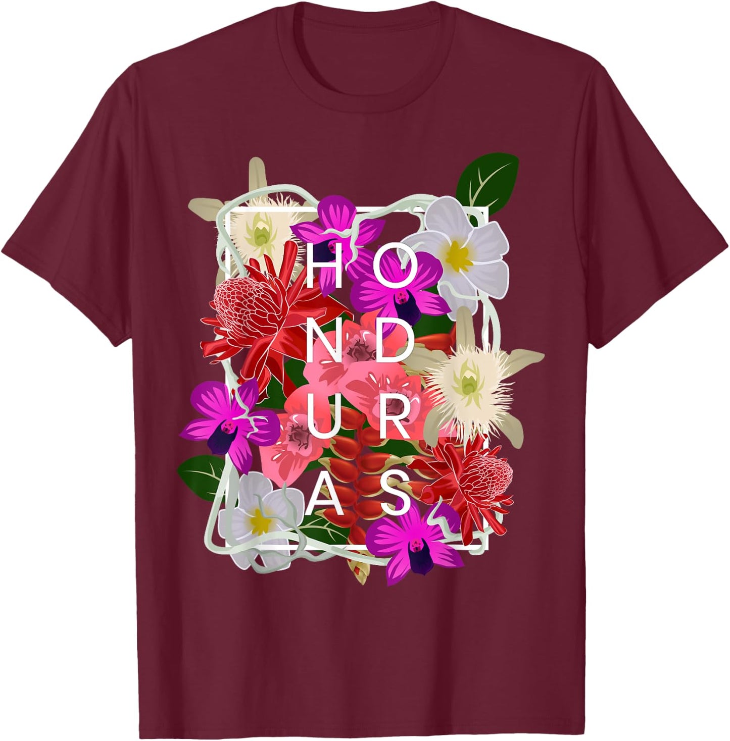 Flowers of Honduras Word Art - Honduran Pride T-Shirt - T-Shirt | Maroon