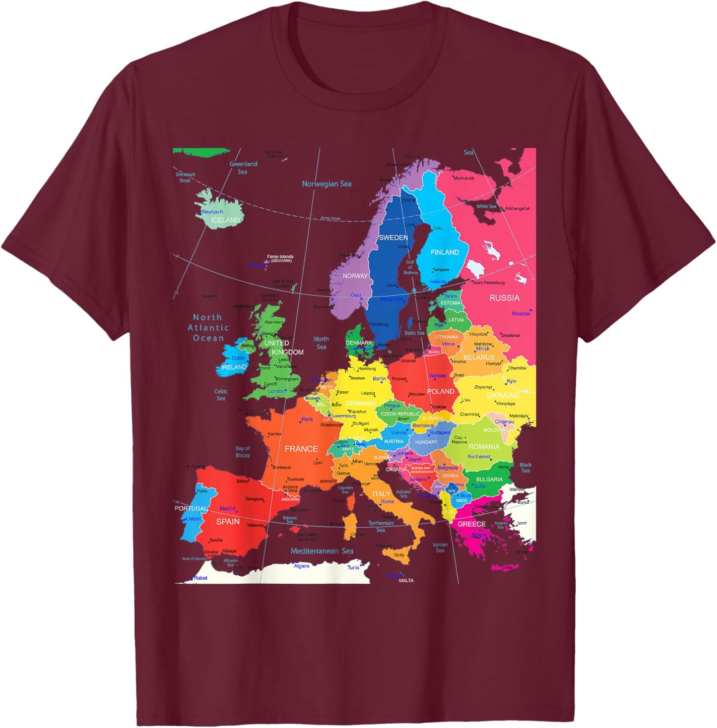 Map of Europe with Border, Countries, Capitals, Large Cities T-Shirt - T-Shirt | Maroon