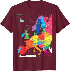 Map of Europe with Border, Countries, Capitals, Large Cities T-Shirt - T-Shirt | Maroon