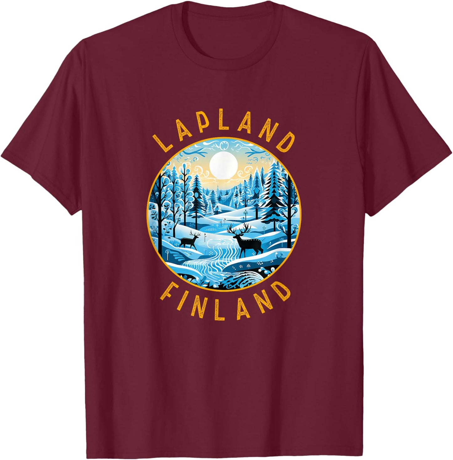 Lapland Finland Deer Retro Distressed Circle T-Shirt - T-Shirt | Maroon