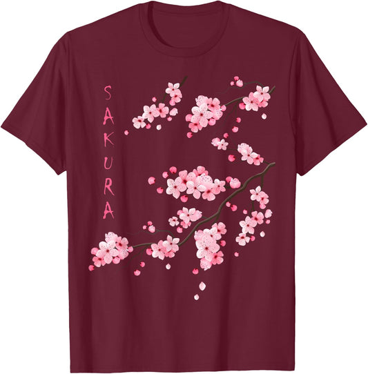 Vintage Sakura Cherry Blossom Japanese Graphical Art T-Shirt - T-Shirt | Maroon