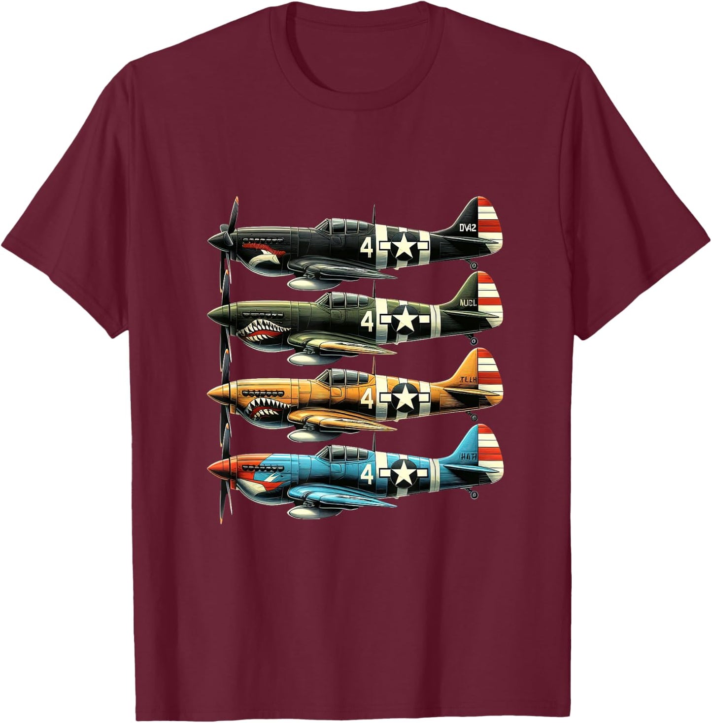WW2 Planes P40 Warhawk Nose Art T-Shirt - T-Shirt | Maroon