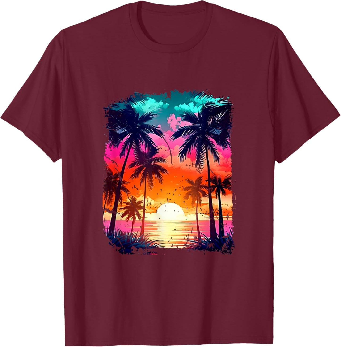 Orange and Aqua Sunset with Silhouetted Palm a Trees Beach T-Shirt - T-Shirt | Maroon