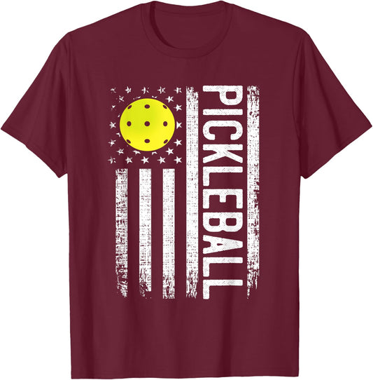 Pickleball Shirt American Flag Funny Pickleball Player Shirt Women Men T-Shirt - T-Shirt | Maroon