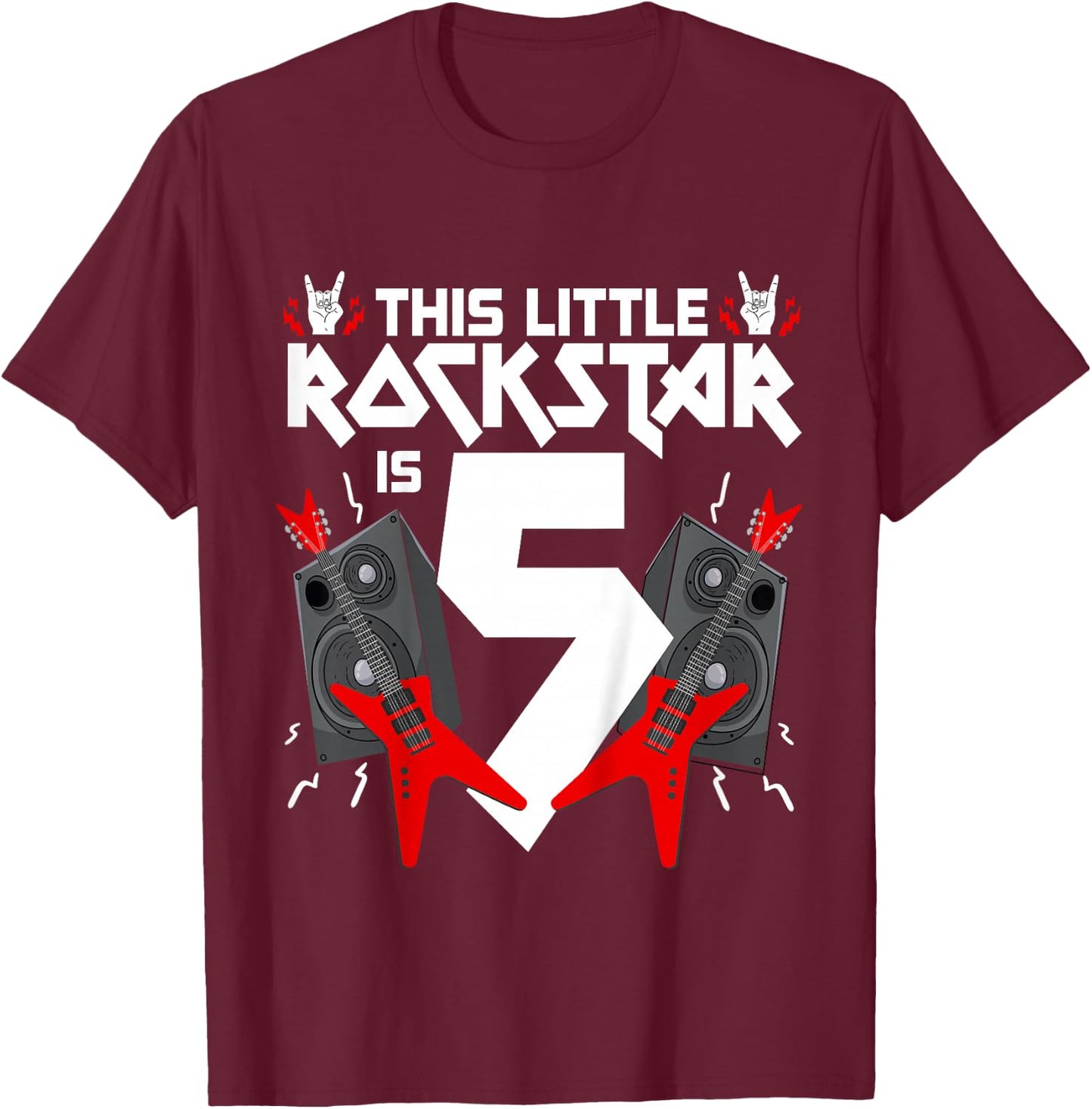 5 Year Old Rock And Roll Star Birthday Party Guitar 5th Gift T-Shirt - T-Shirt | Maroon