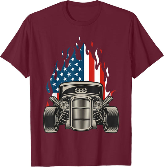 American Flag Vintage Hot Rod Veteran Memorial Day July 4 T-Shirt - T-Shirt | Maroon