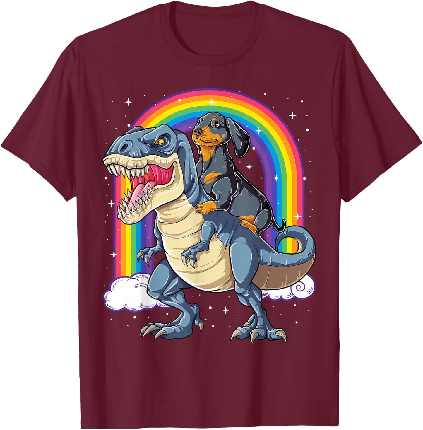 Dachshund Riding Dinosaur T-rex Gifts Boys Kids Men Rainbow T-Shirt - T-Shirt | Maroon