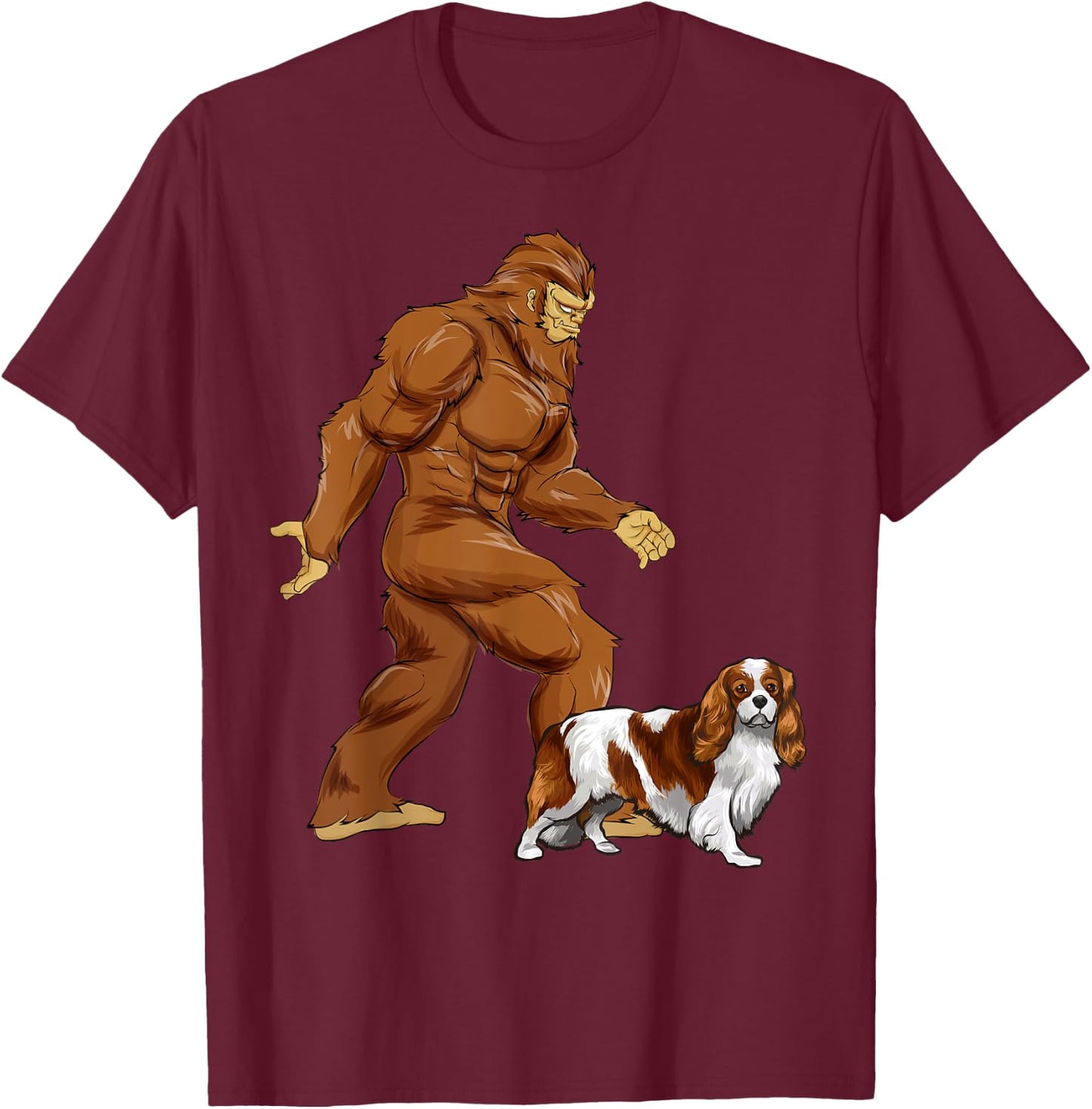 Fun Bigfoot Walking Cavalier King Charles Spaniel Sasquatch T-Shirt - T-Shirt | Maroon