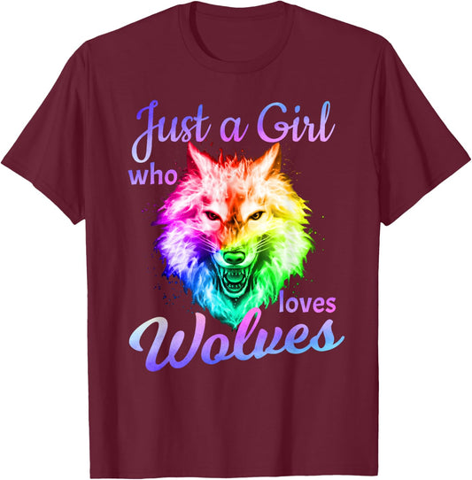 Just a Girl Who Loves wolves - Moon Wolf Shirt Girls Women T-Shirt - T-Shirt | Maroon